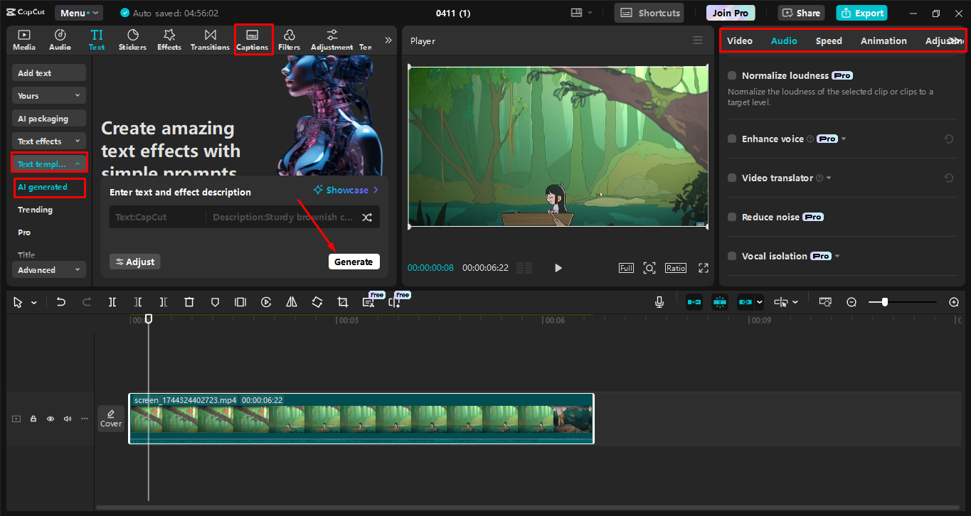 Editing the screen recording in the CapCut desktop video editor
