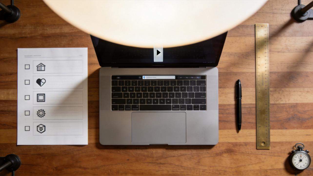 Laptop on a desk beside a checklist sheet, pen, ruler, and stopwatch