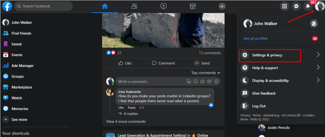 Accessing the Facebook profile setting