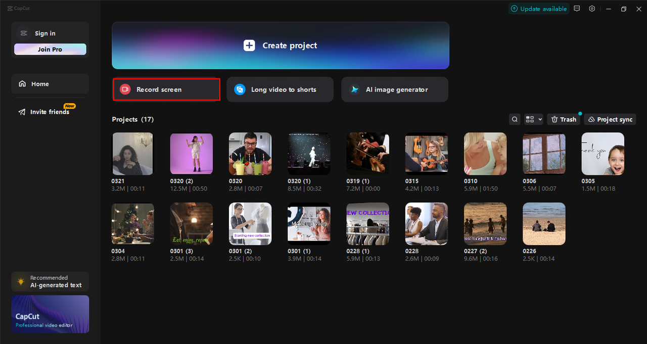 Recording the screen in CapCut desktop video editor