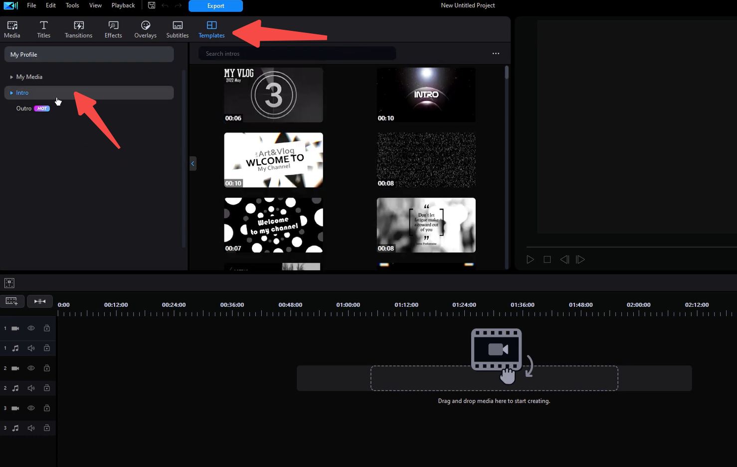 Mengakses Ruang Video Intro di editor video PowerDirector