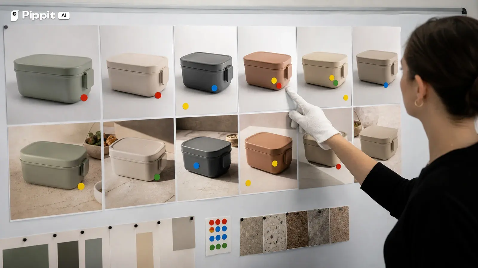 A reviewer marks fidelity and catalog rhythm issues across a family of lunch container images.