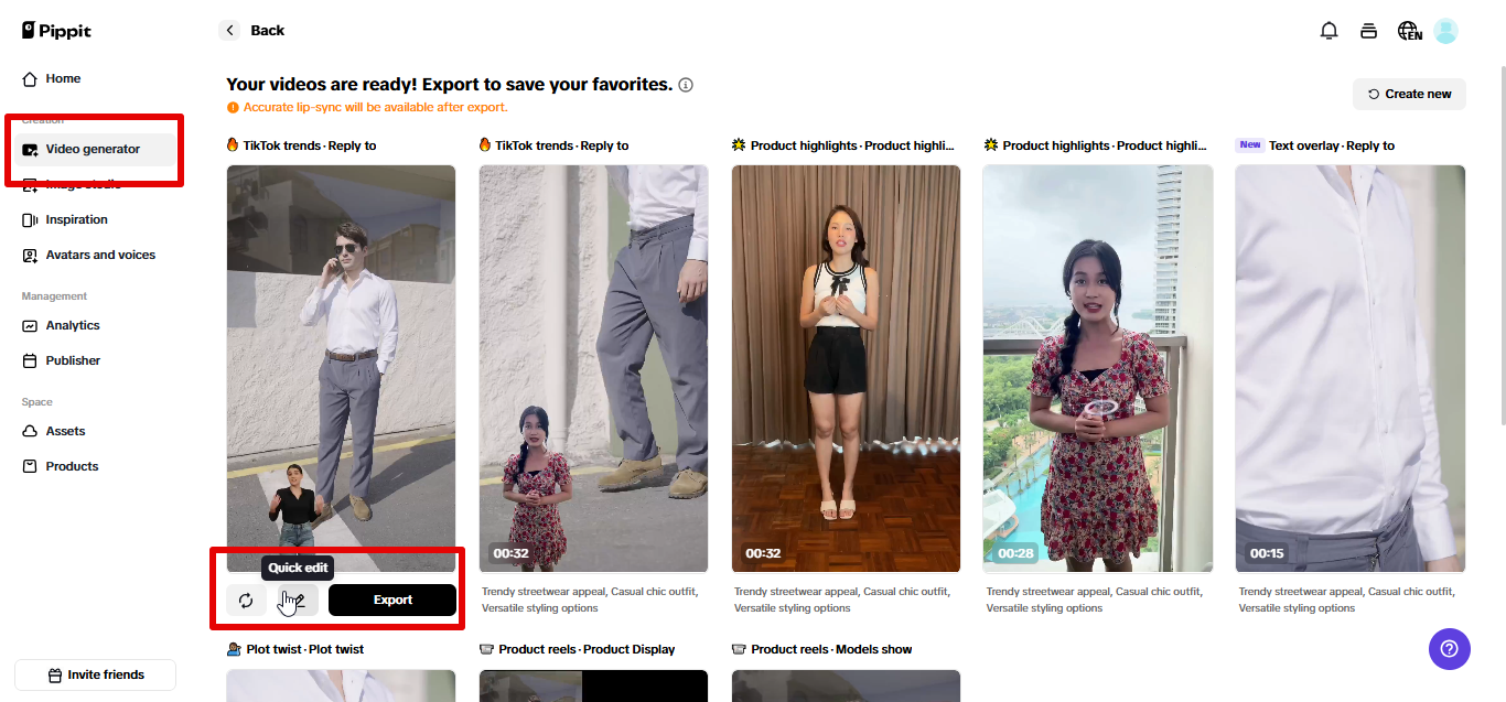 Exporting video from Pippit