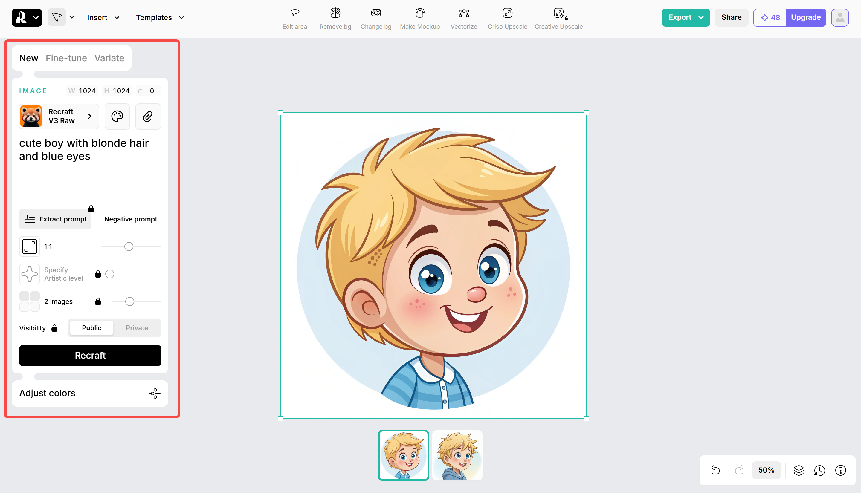 Scrivere un prompt di testo per generare un'immagine in Recraft AI