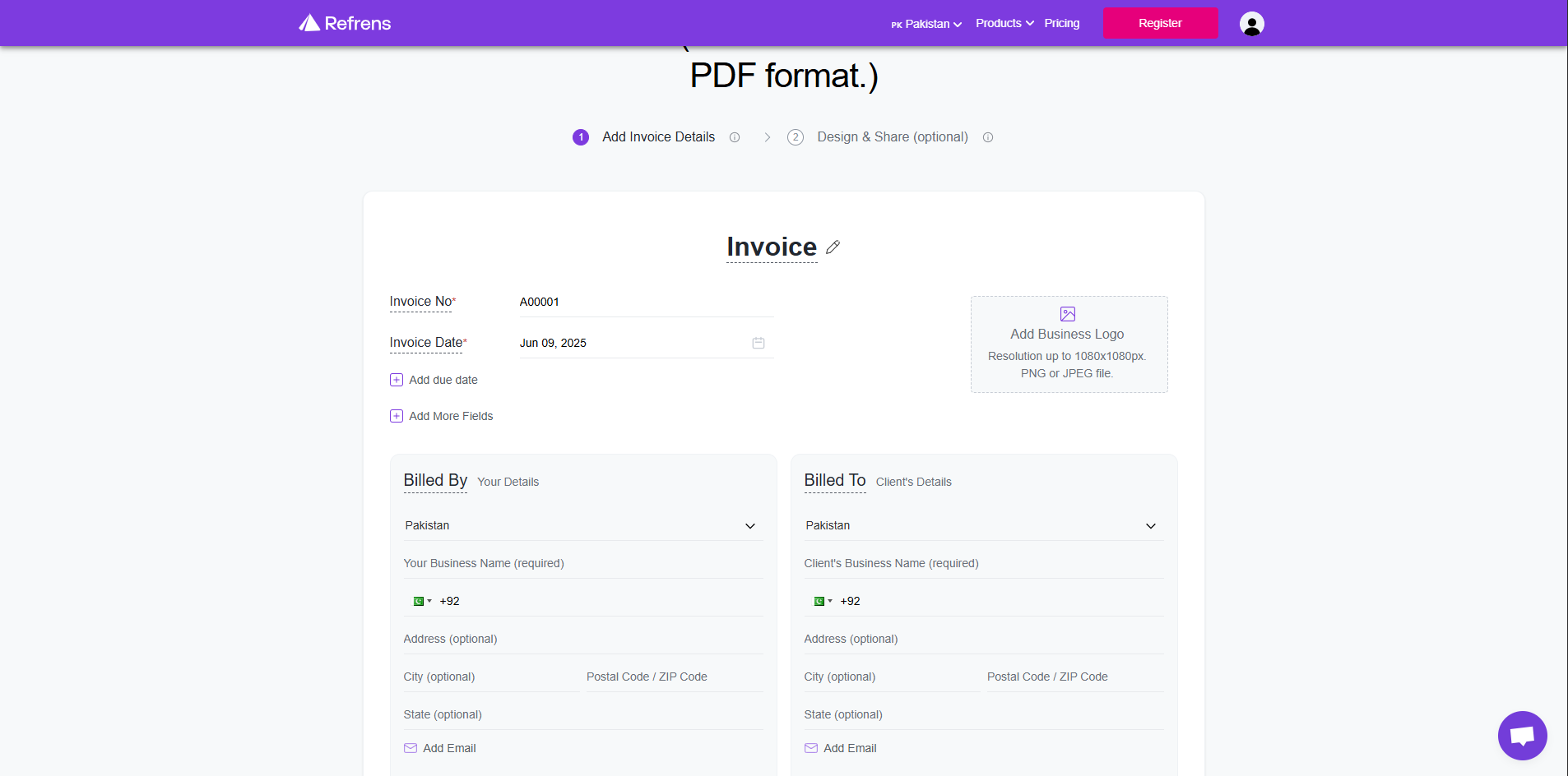 Interface of Refrens - another free invoice generator