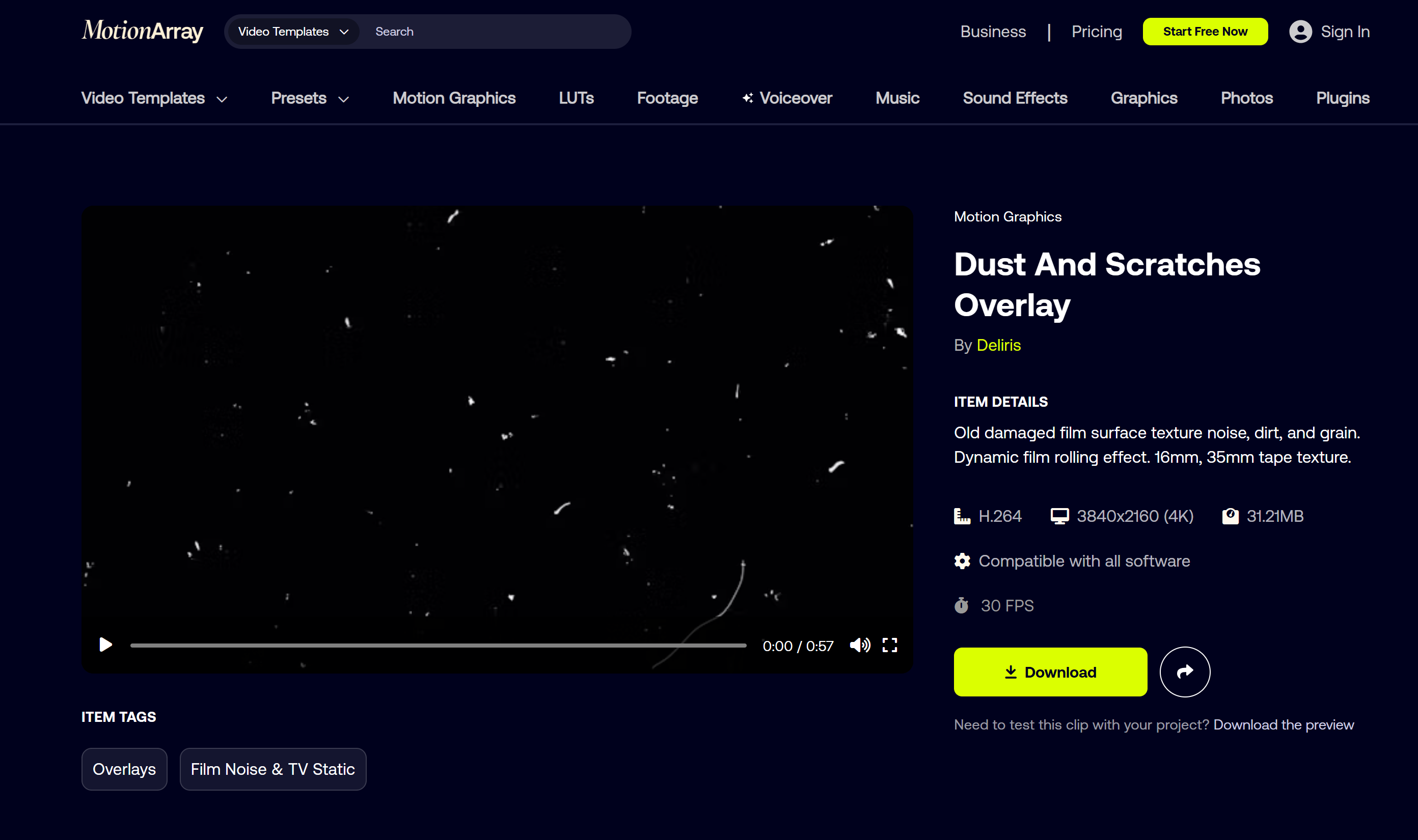 Interface of Motion Array - an ideal platform for free dust and scratches overlays
