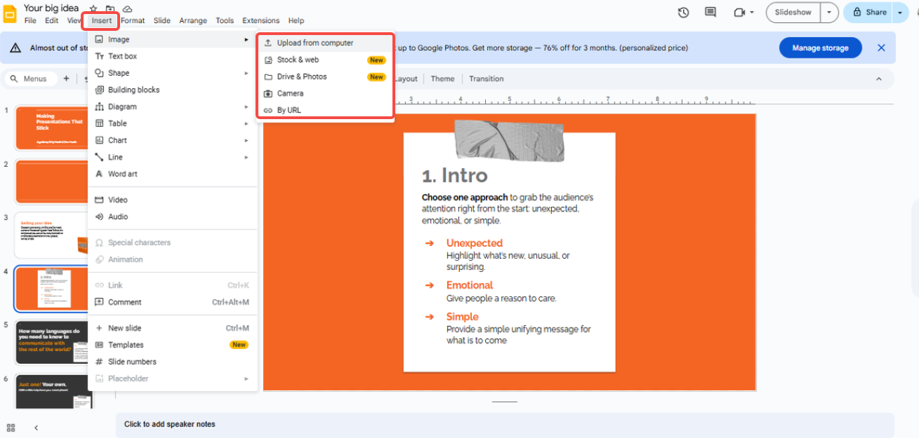 Insert an image into the slideshow