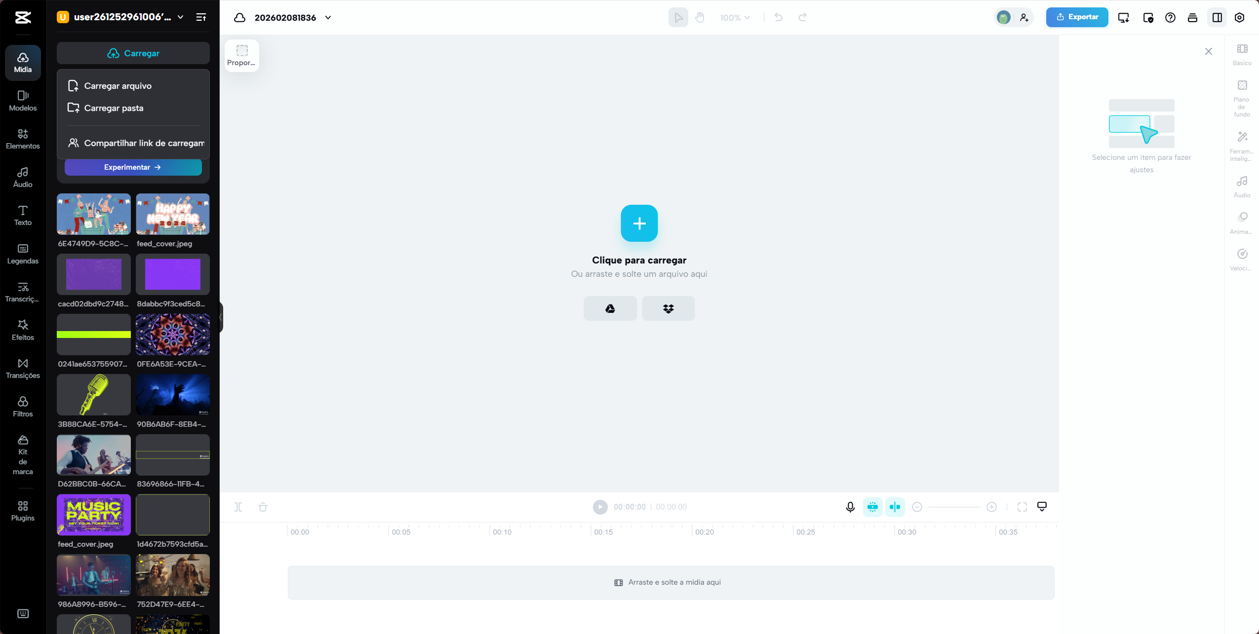 Interface do CapCut Online mostrando a importação de arquivos de áudio e a seleção de modelo de áudio Samba com um clique.