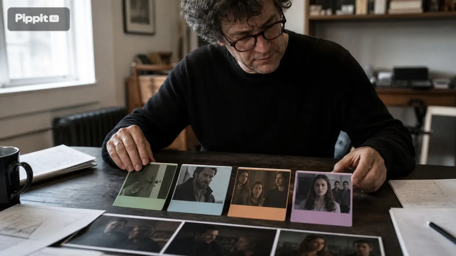 Homme examinant des images de films codées par couleur et des storyboards sur une table