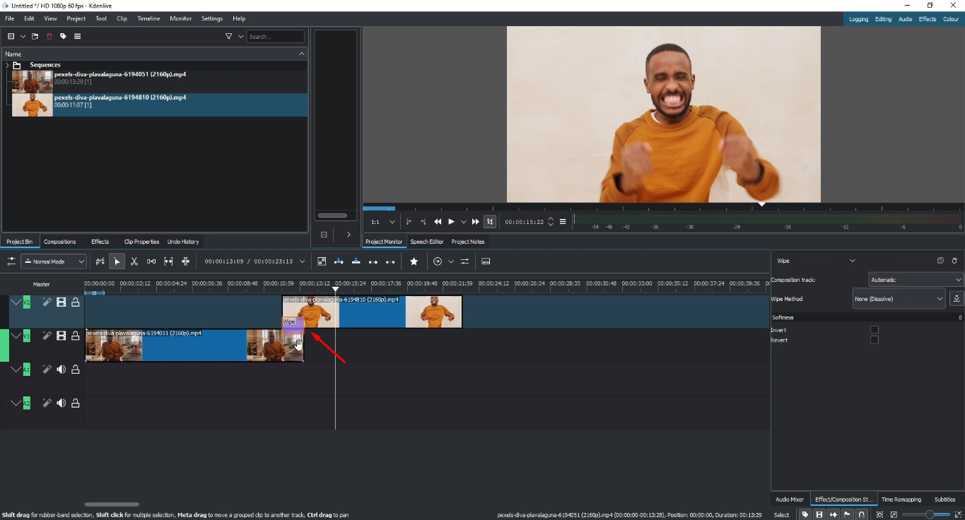 Image showing how to add a transition in the Kdenlive video editor