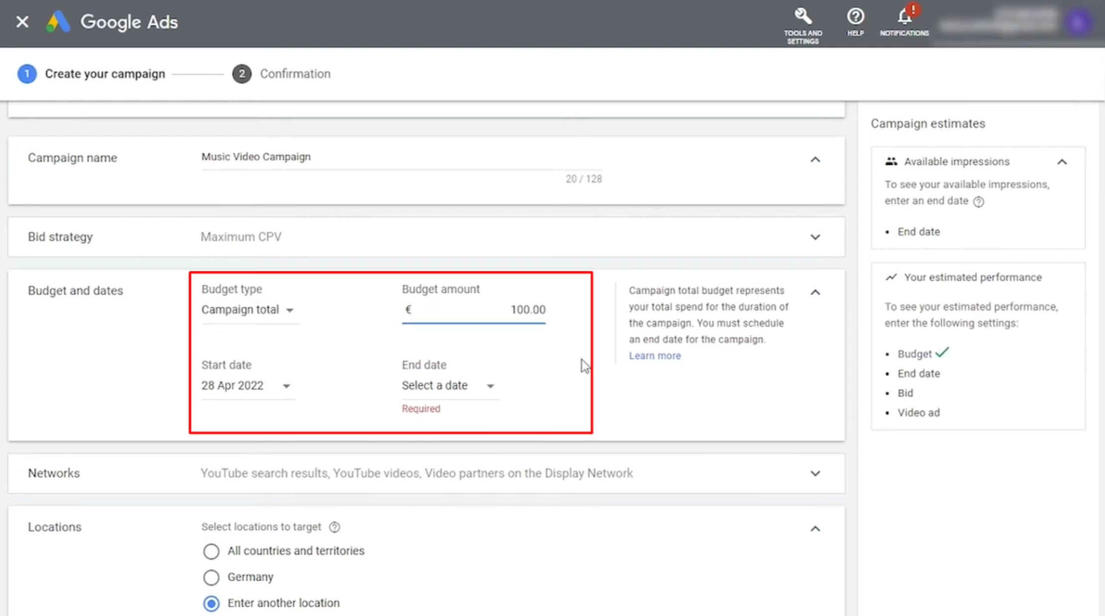 Page Paramètres Google Ads pour nommer et budgétiser les publicités vidéo YouTube.