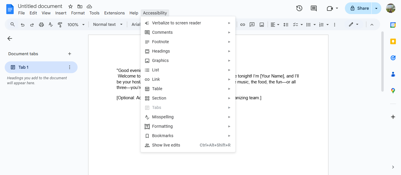 อินเทอร์เฟซการแปลงข้อความเป็นเสียงของ Google Docs