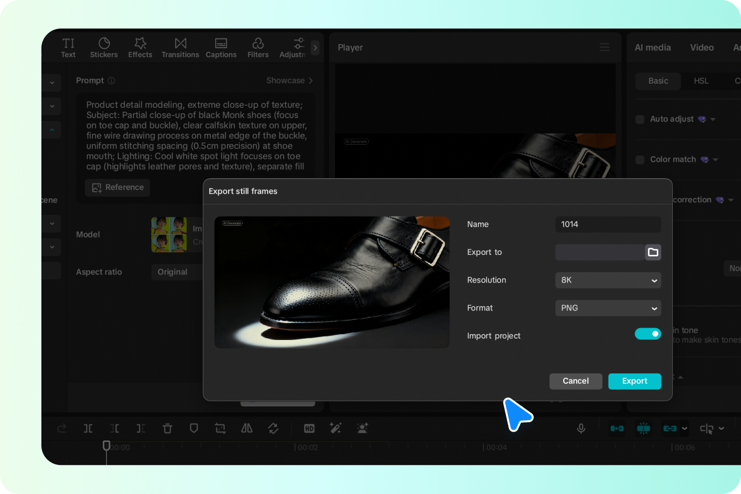 Exporting the final image from the CapCut desktop video editor