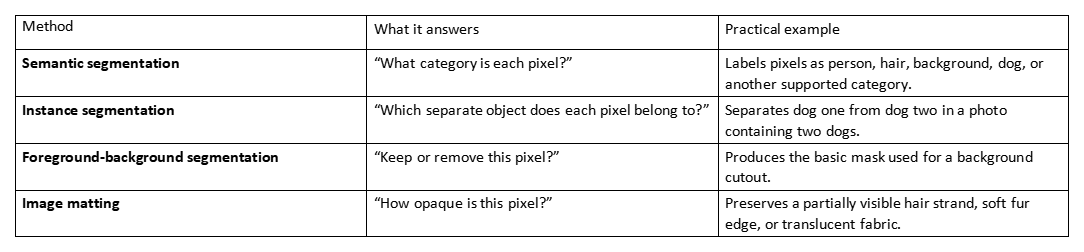 Table comparing semantic segmentation, instance segmentation, foreground-background segmentation, and image matting