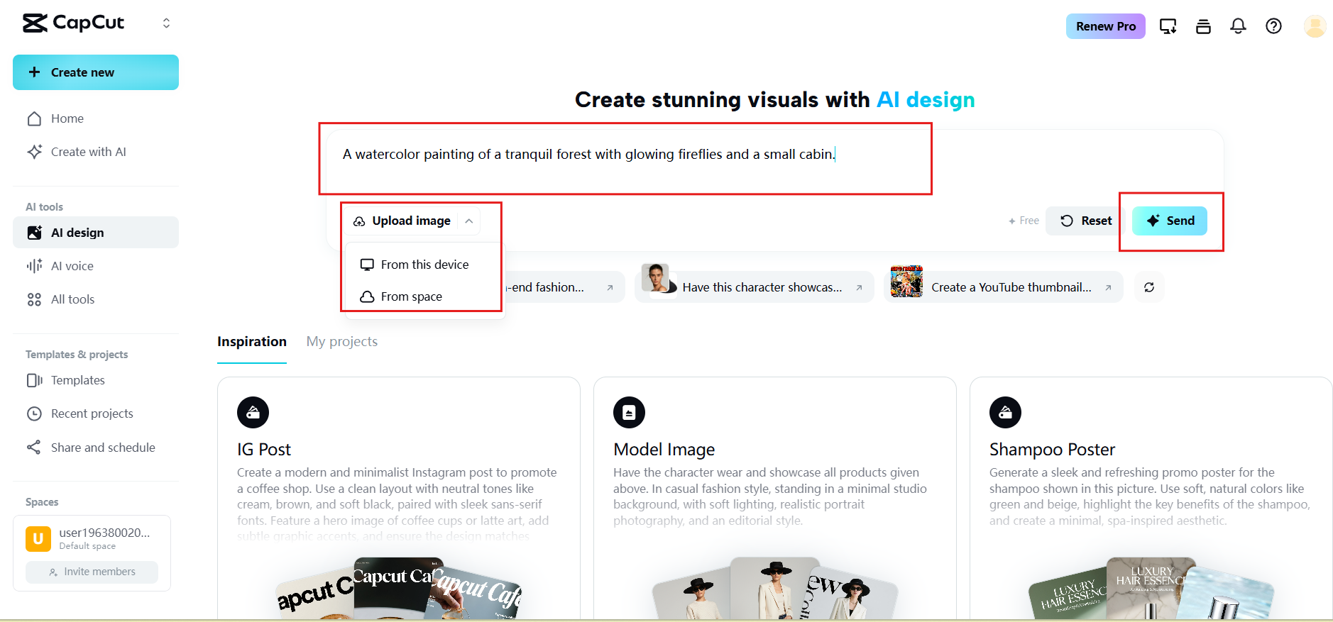 Input prompt or upload image and generate