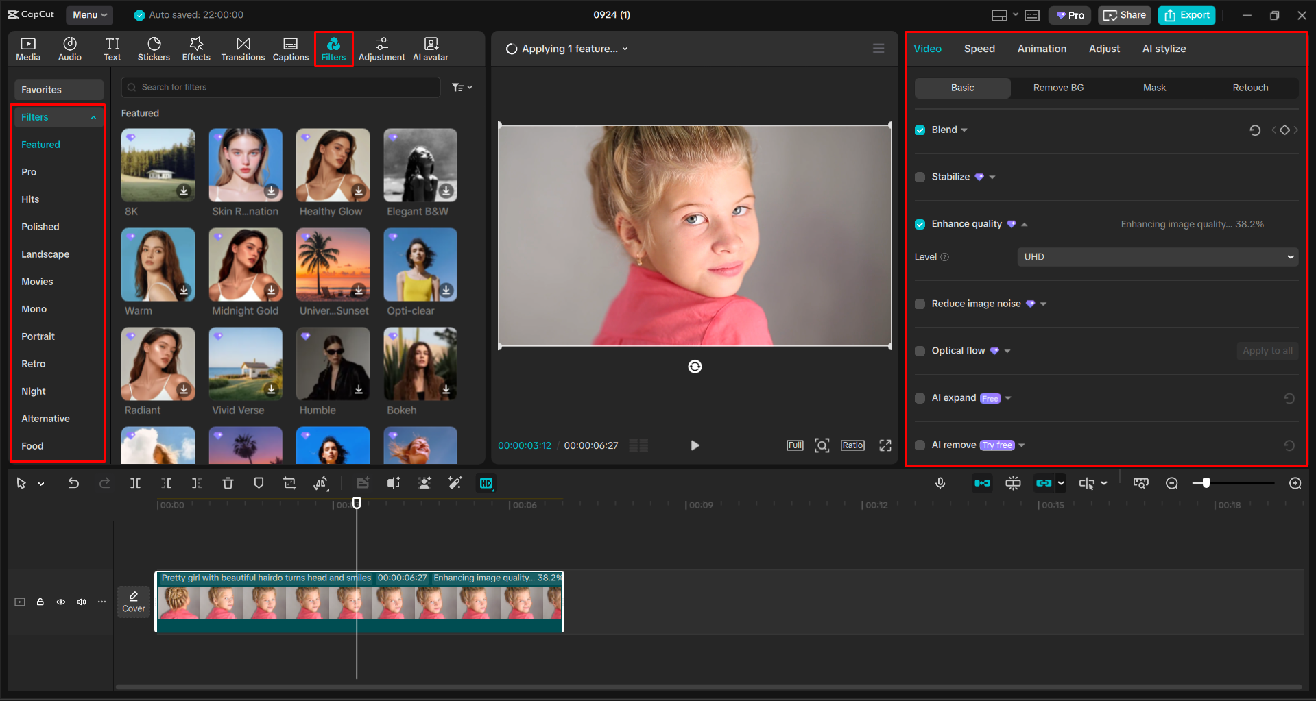 Upscaling the video with AI in the CapCut desktop video editor