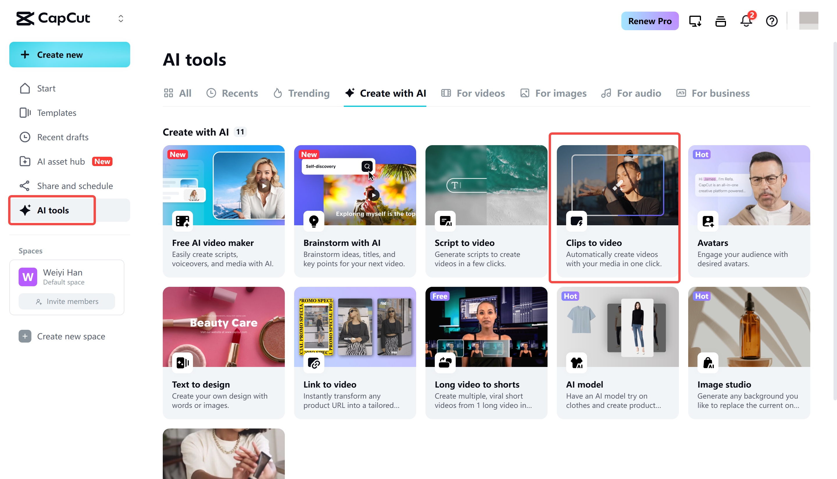 การเข้าใช้เครื่องมือคลิปเป็นวิดีโอใน CapCut Web