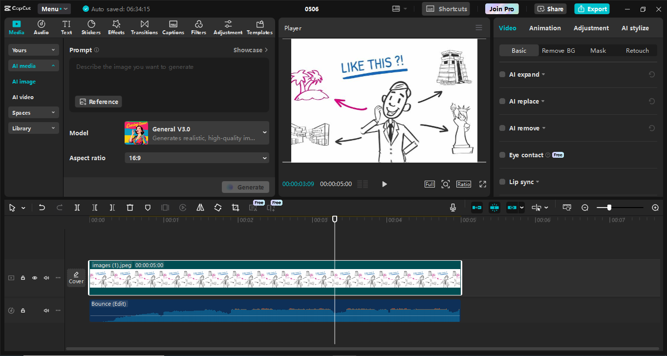 Interface do editor de vídeo para desktop CapCut