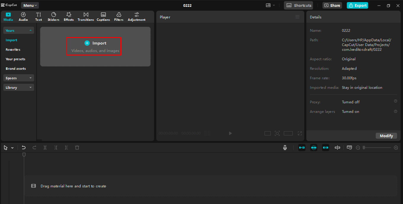 Importing video in the CapCut desktop video editor