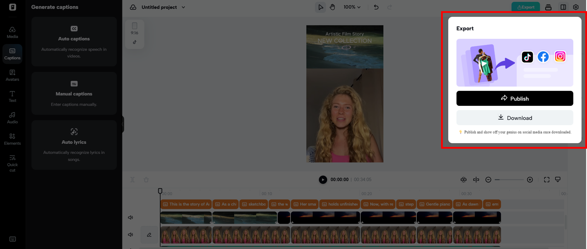 Publique ou baixe o vídeo que você criou