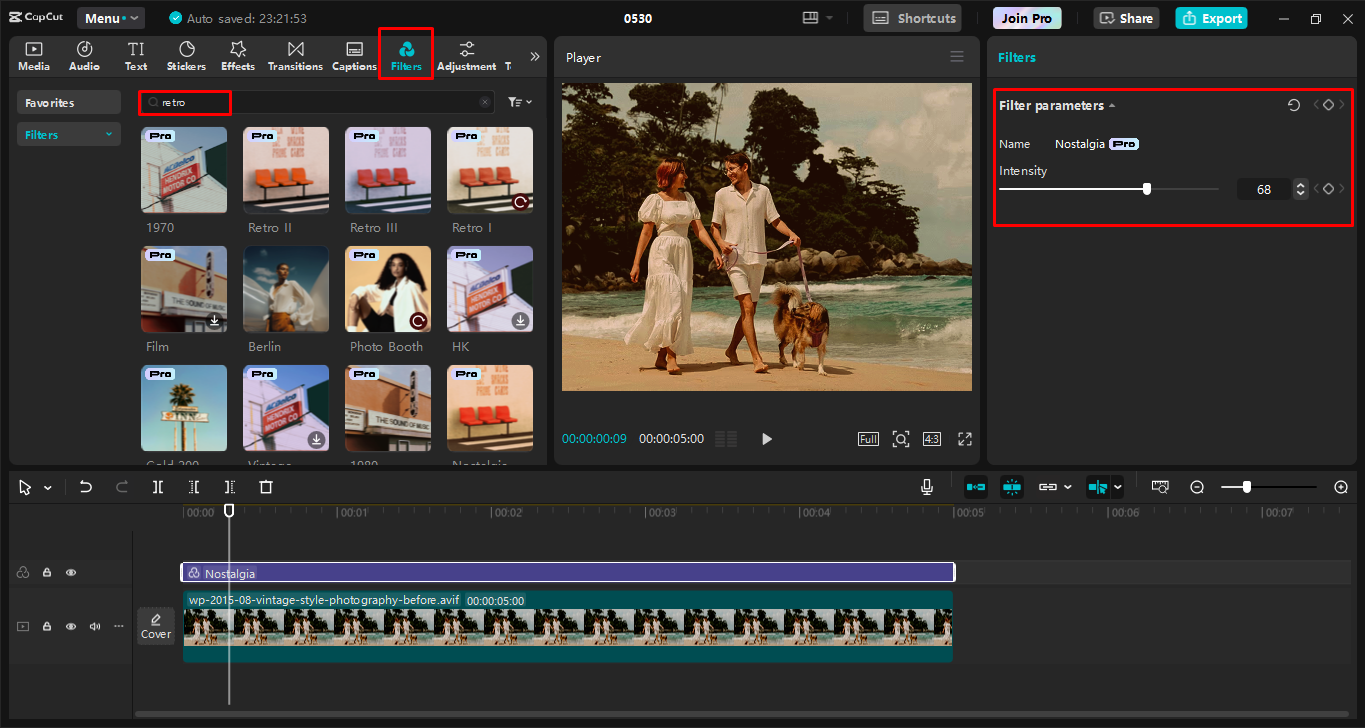 Agregar un filtro retro a los medios en el CapCut editor de video de escritorio