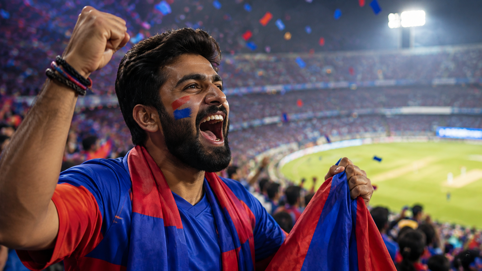 Blue-and-Red Stadium Fan for ind vs sl cricket fan prompt