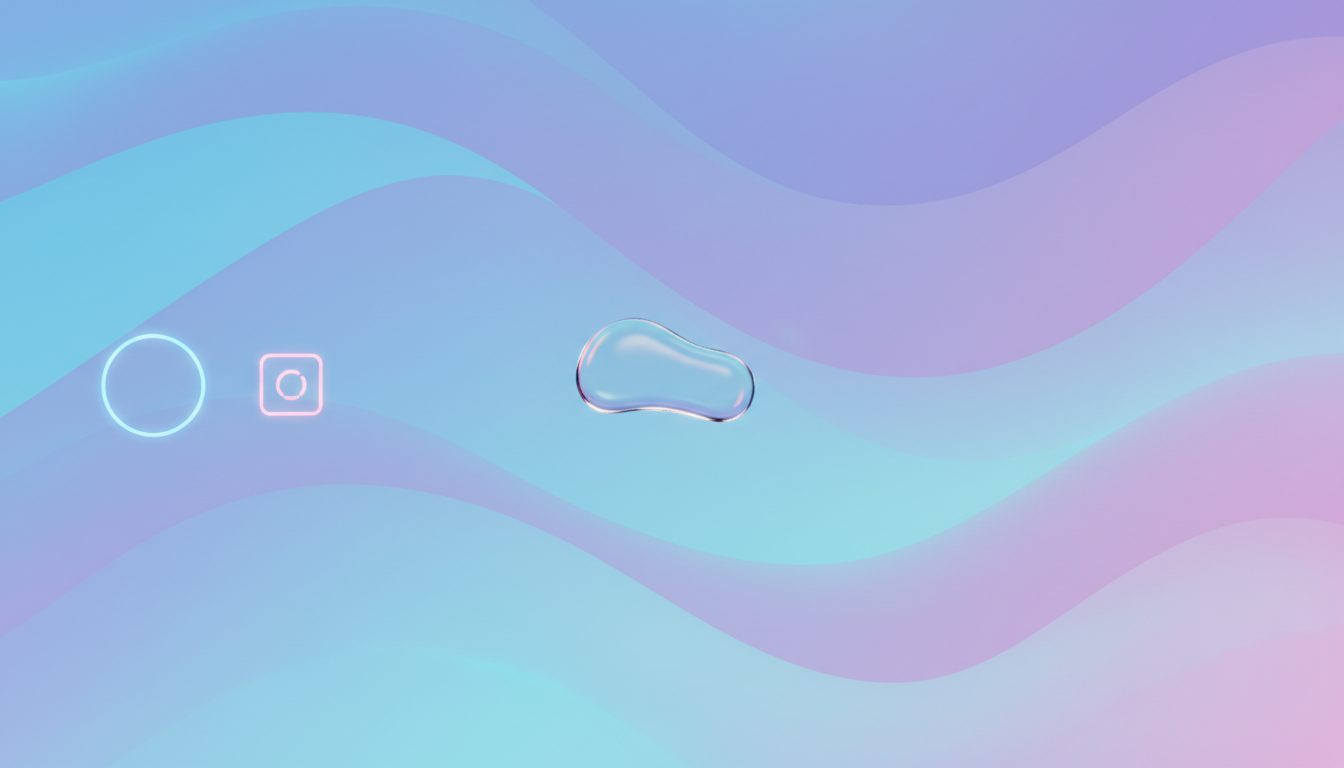 Creator Twitter header using pastel blue‑purple and cyan‑pink gradient waves with a small glass chip, 3:1 composition.