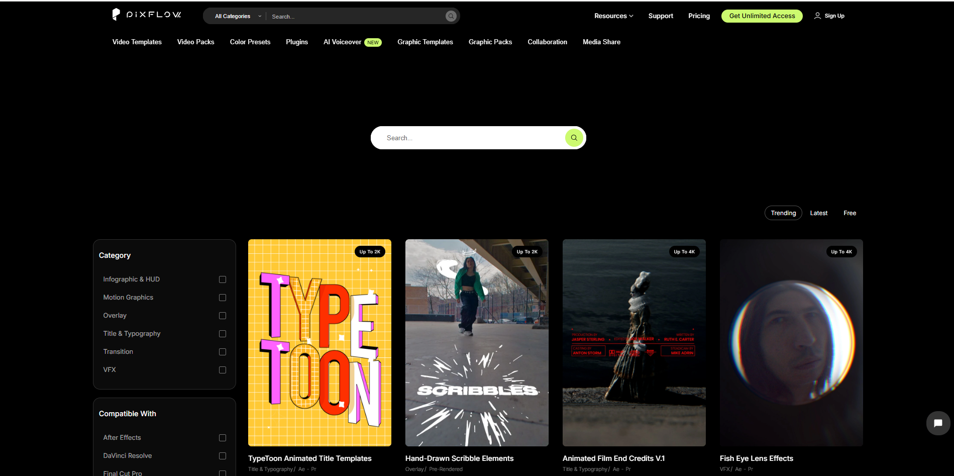 Interface of Pixflow - the perfect platform for free download of After Effects plugin