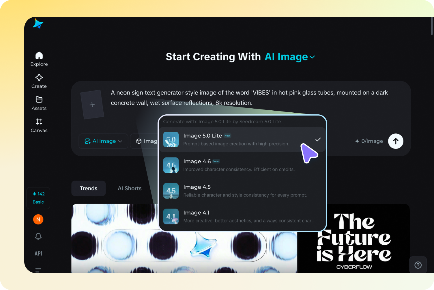 Select model settings for neon text