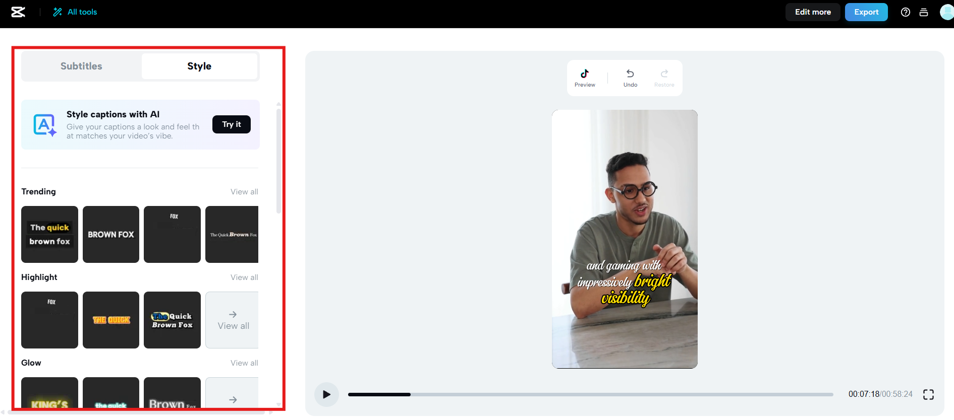 Wählen Sie den Animationsstil für die Untertitel