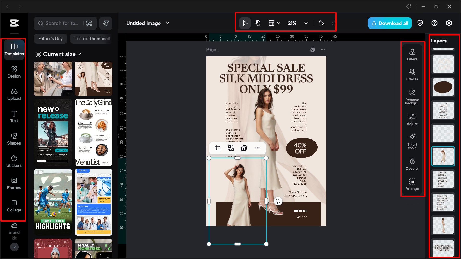 Editing the poster template using tools in the CapCut desktop video editor