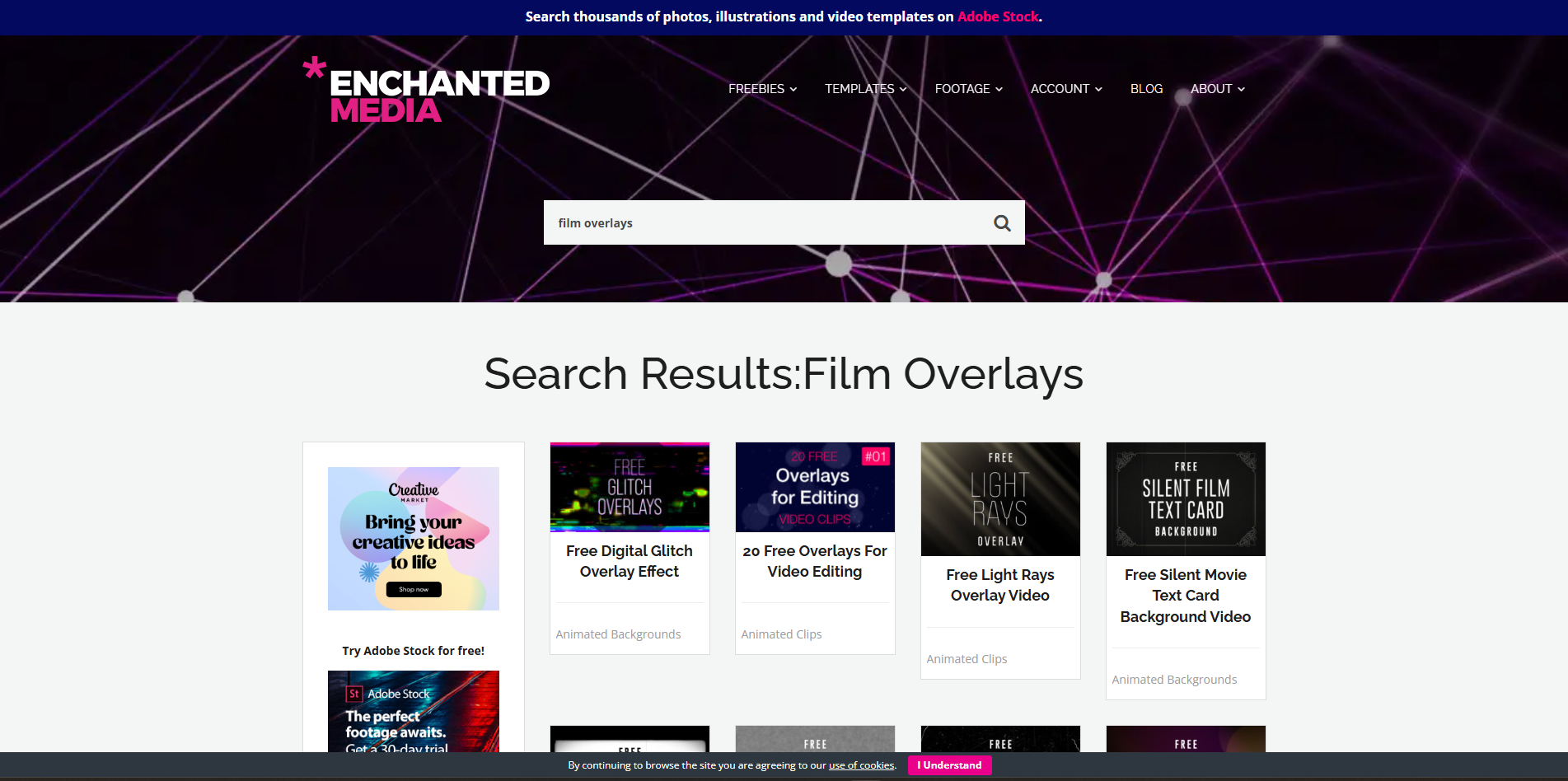Interface of Enhanced Media - a versatile place to find free film overlays
