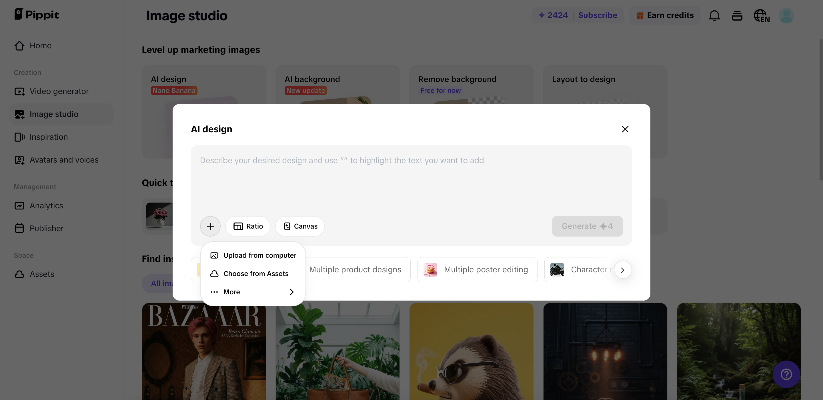 Ferramenta de design com IA no Pippit
