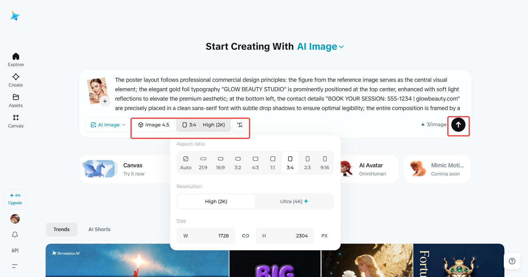 Elige el modelo de IA, la relación de aspecto y el tamaño para el póster.