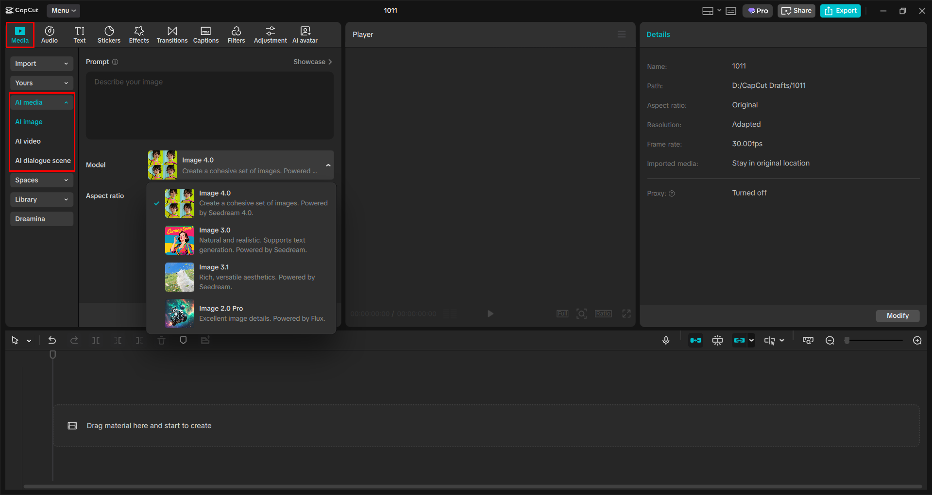 Opening the AI image tool in the CapCut desktop video editor
