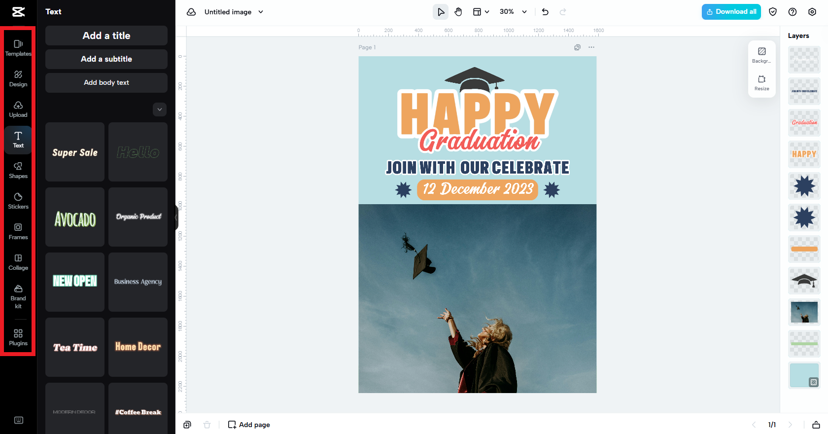 Customize your graduation poster with text, media, etc.