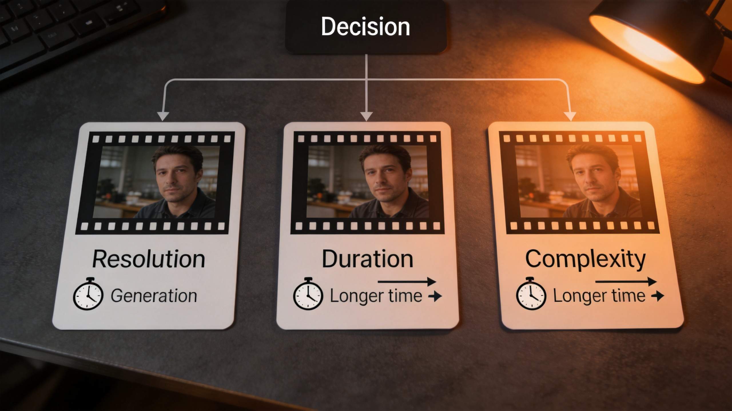 Decision diagram showing resolution, duration, and complexity affecting generation time
