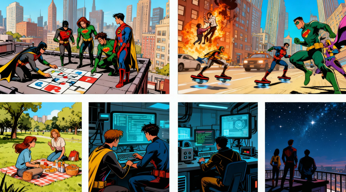 Sequential photos on comic panels