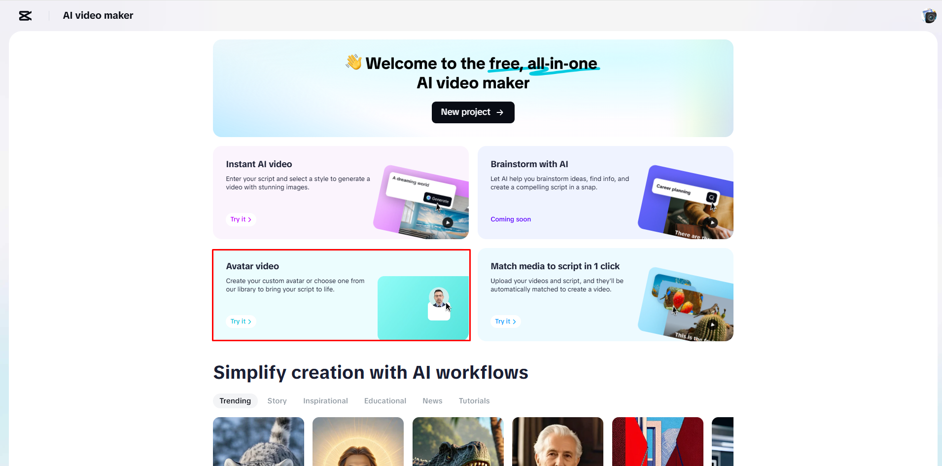 Accessing CapCut's AI avatar video maker