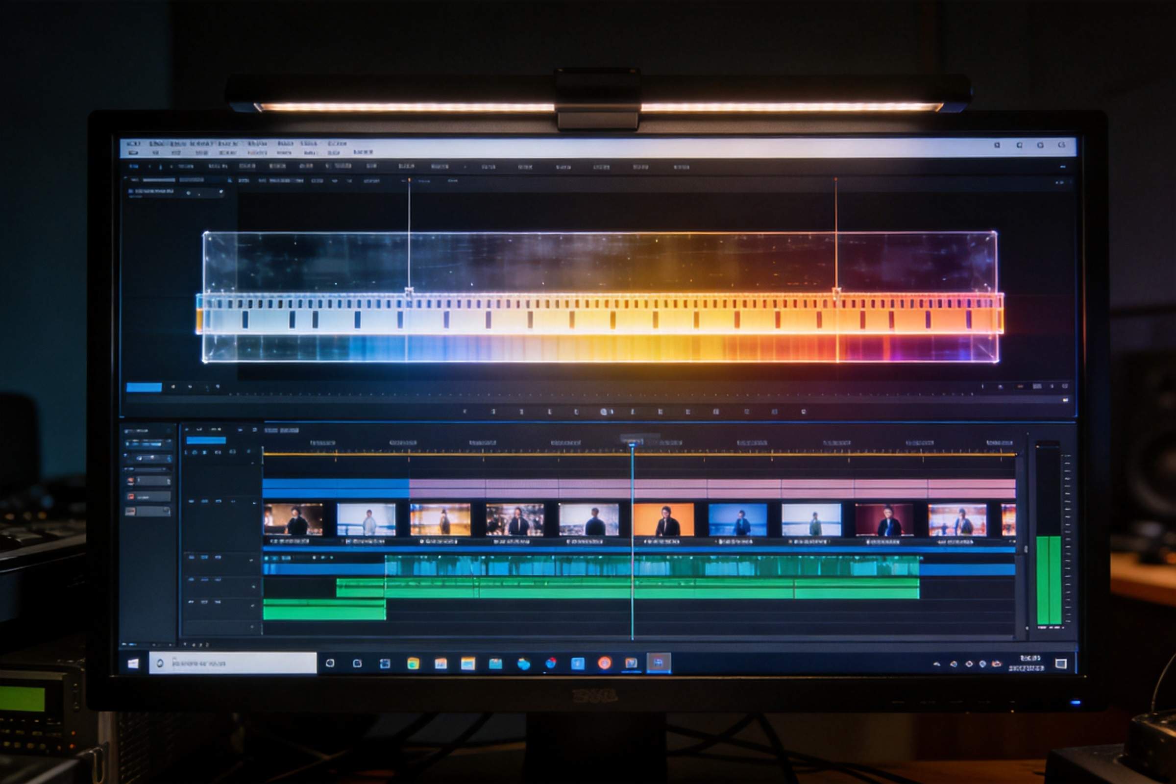 Video editing timeline with a color gradient adjustment layer above multiple clips
