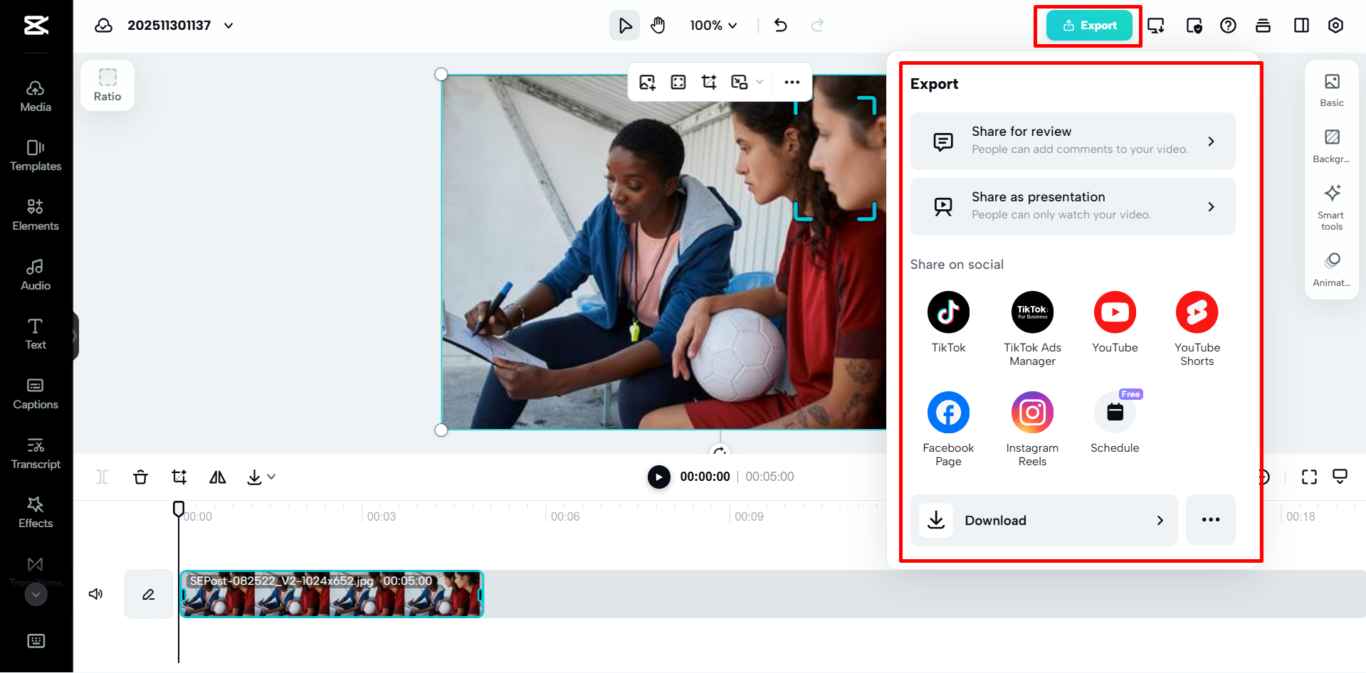 Exporting the final video from the CapCut online video editor