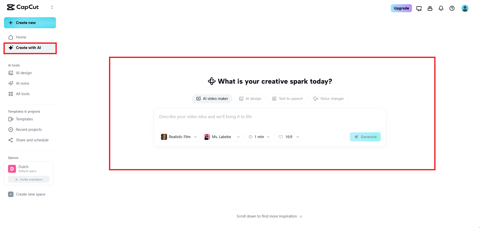 Yapay Zeka video yapıcı işlevini seçin.