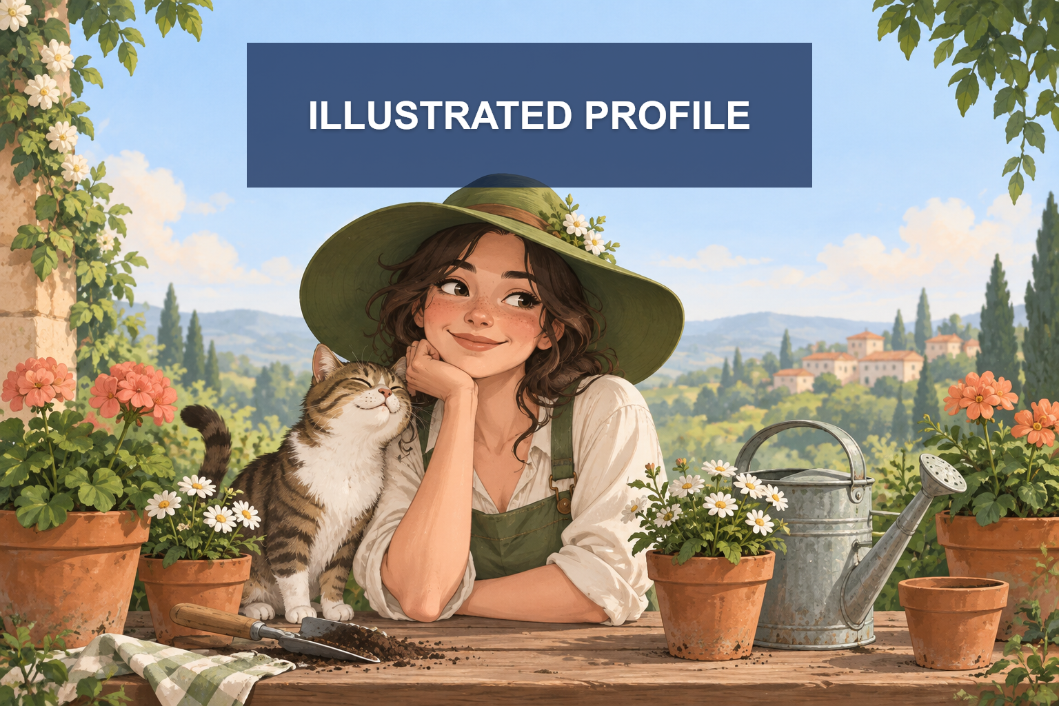 An original illustrated profile portrait with a bold silhouette and retro color blocks