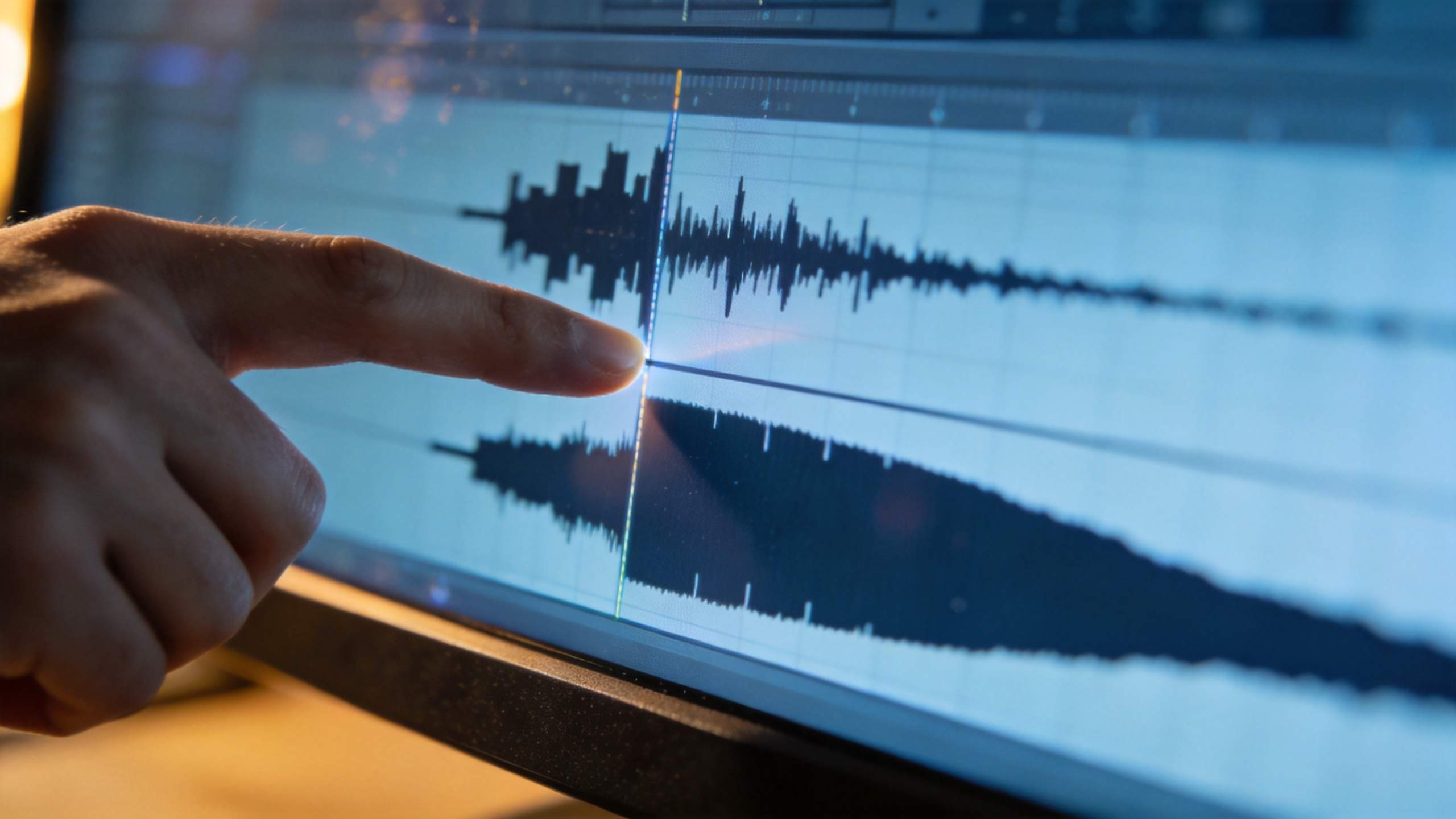 Finger pointing at audio waveforms on a screen