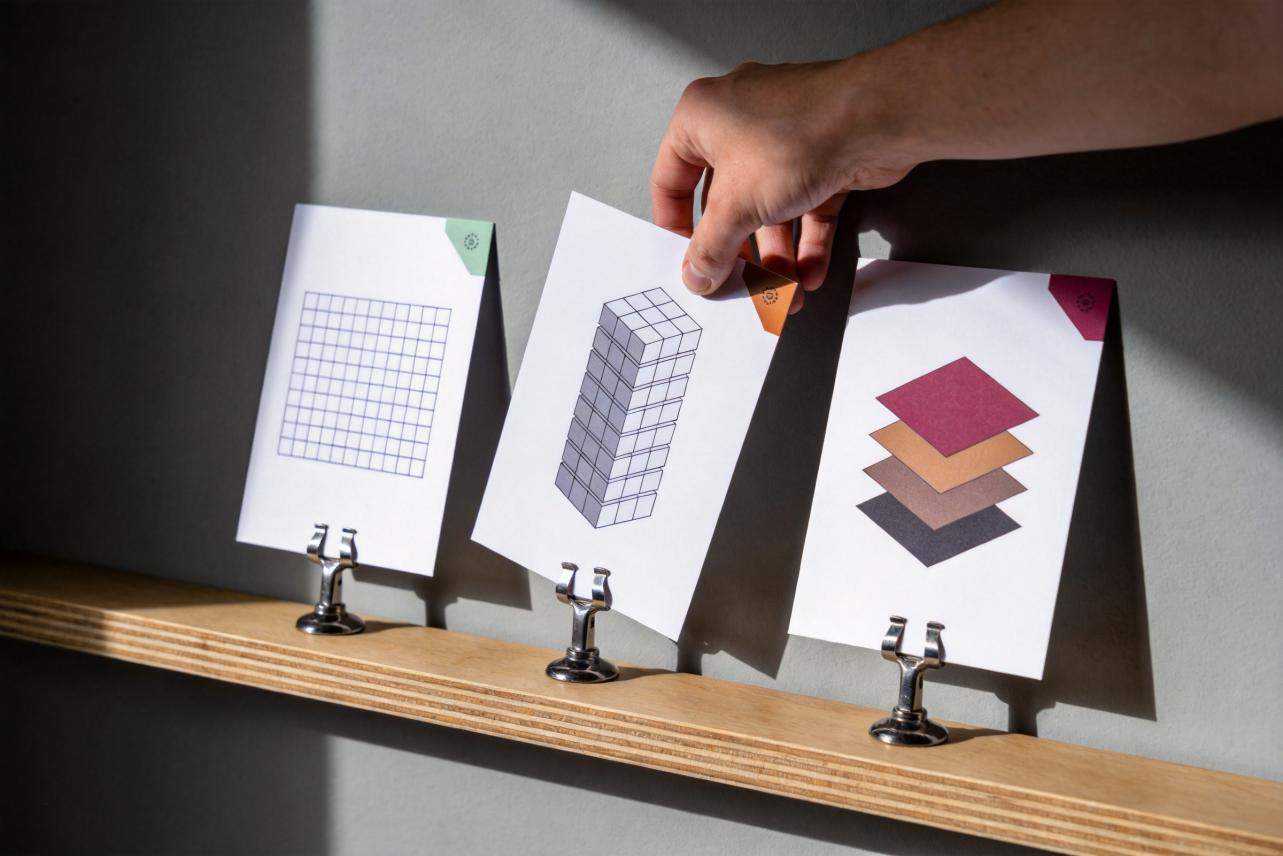 Hand selecting between three clipped cards showing a grid, a 3D tower, and stacked layers