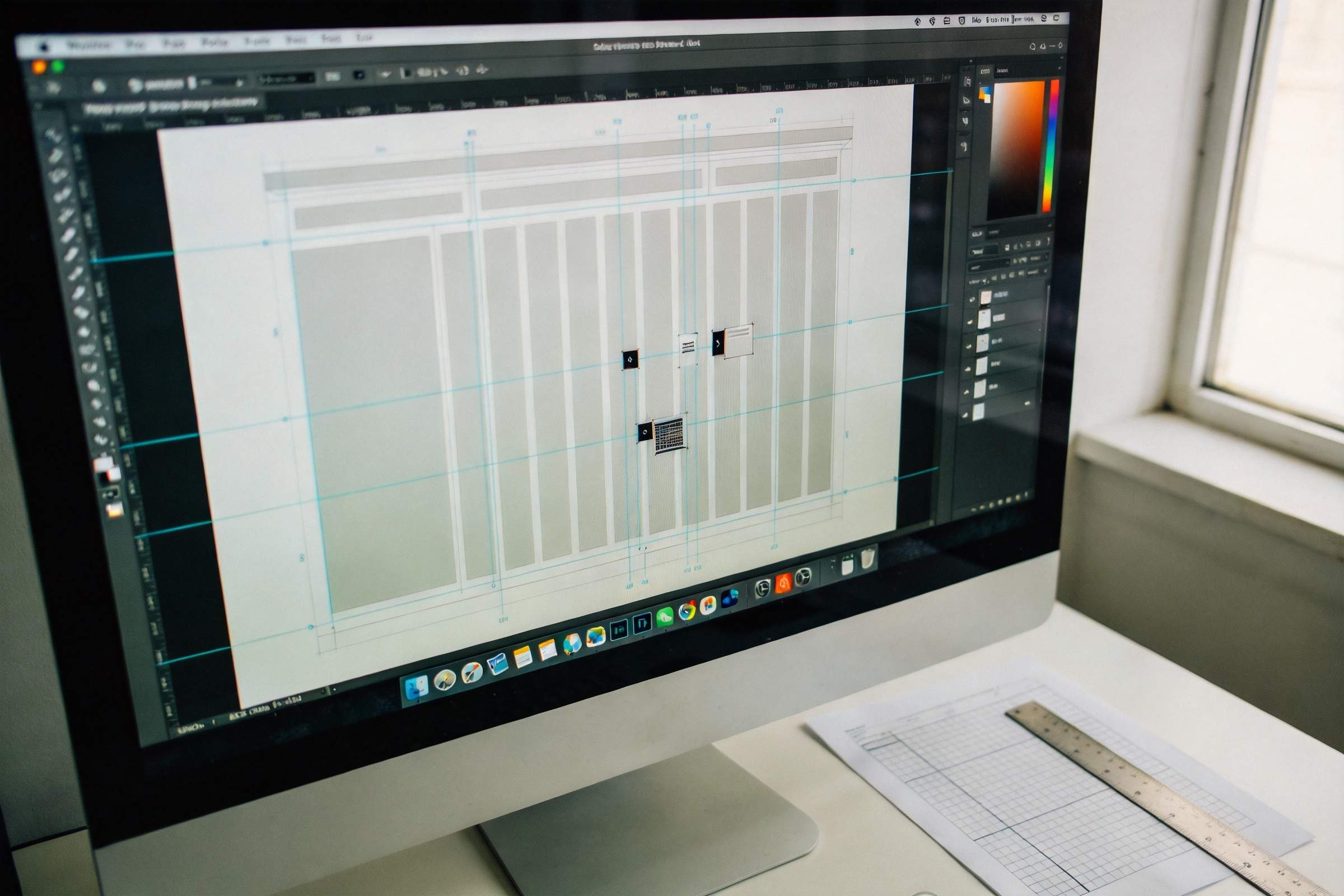 Computer monitor displaying a page layout grid with blue guides and alignment columns
