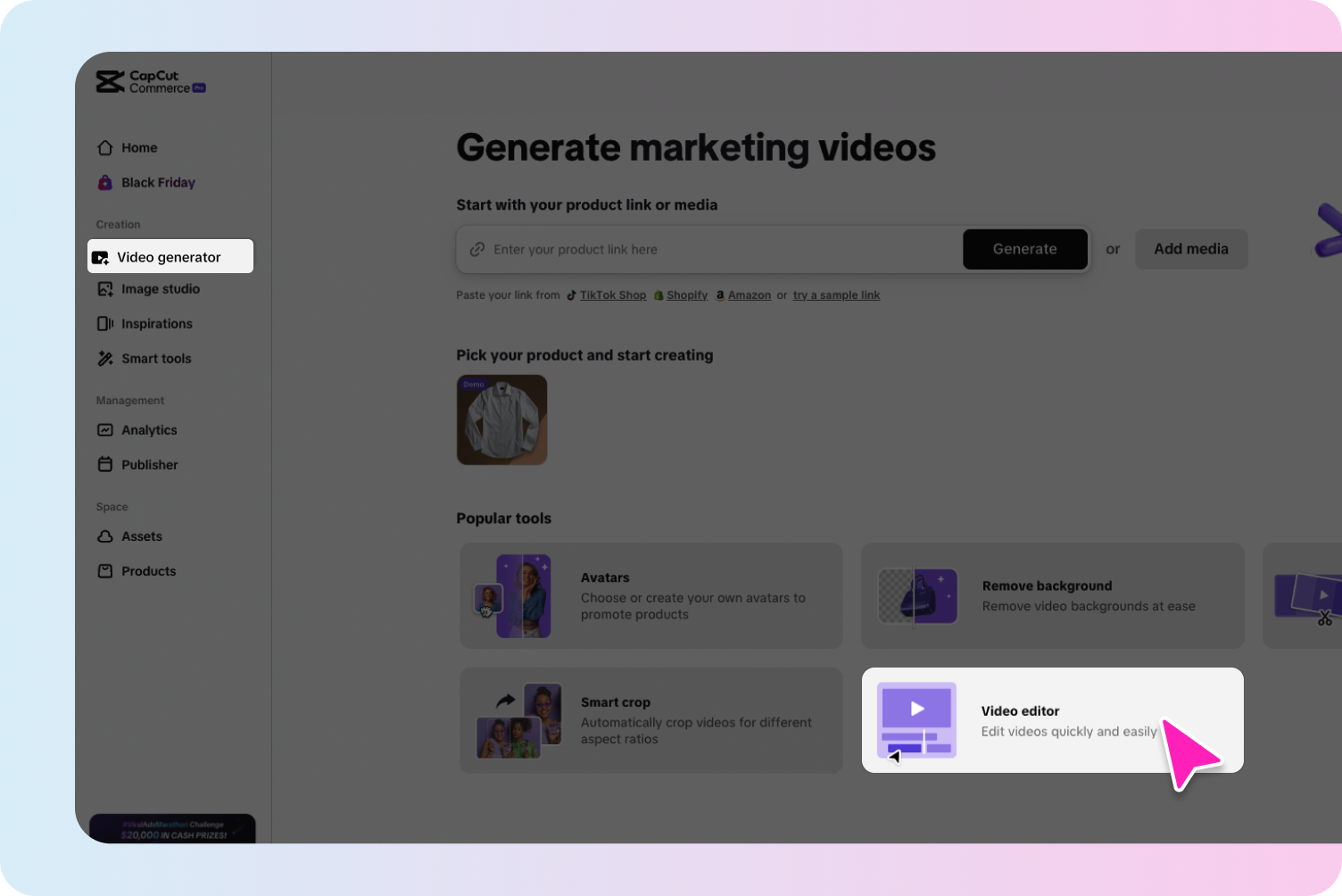 description=Pippit's 'Link to Video' tool showing a field to paste a URL and an option to upload media from a computer.