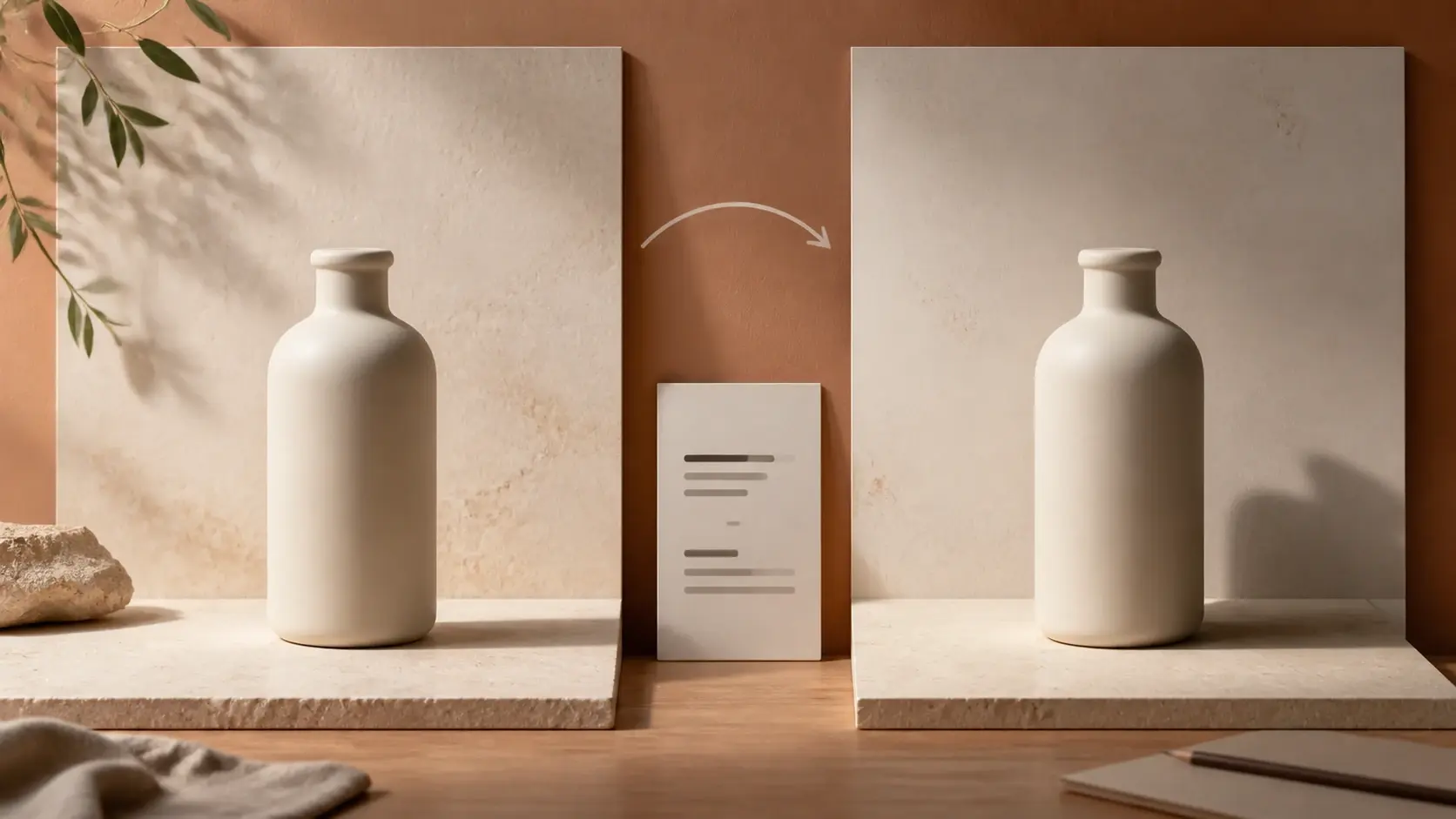 White bottle on a beige backdrop, with a prompt card and arrow showing background change