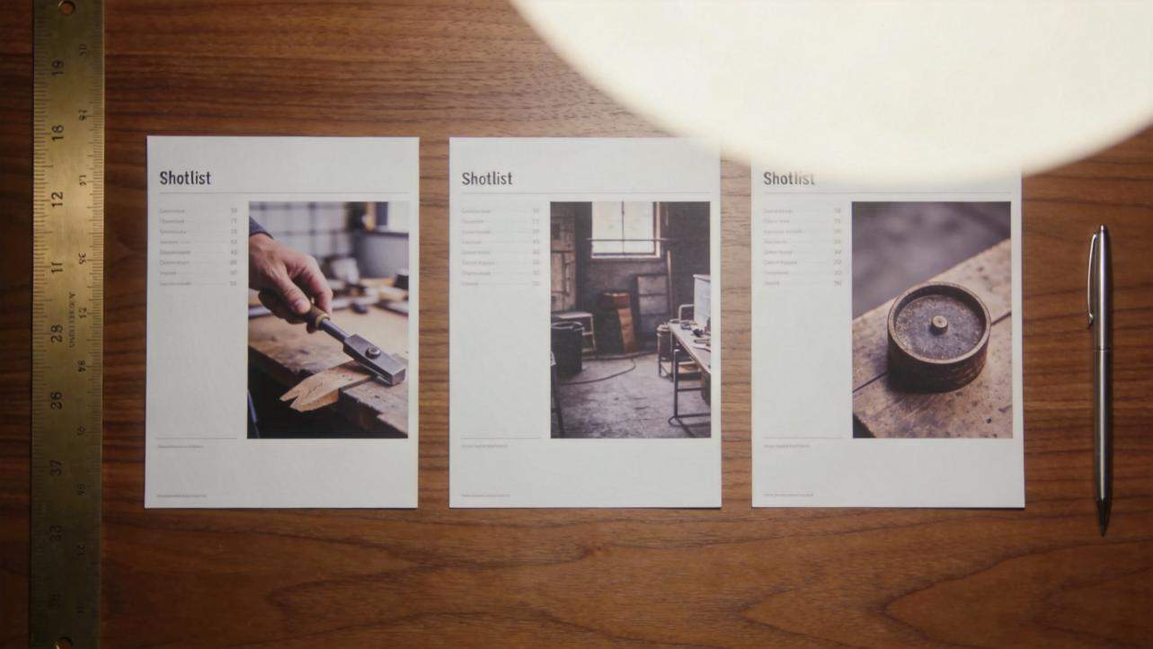 Three shotlist pages on a wooden desk, with a ruler and pen beside them