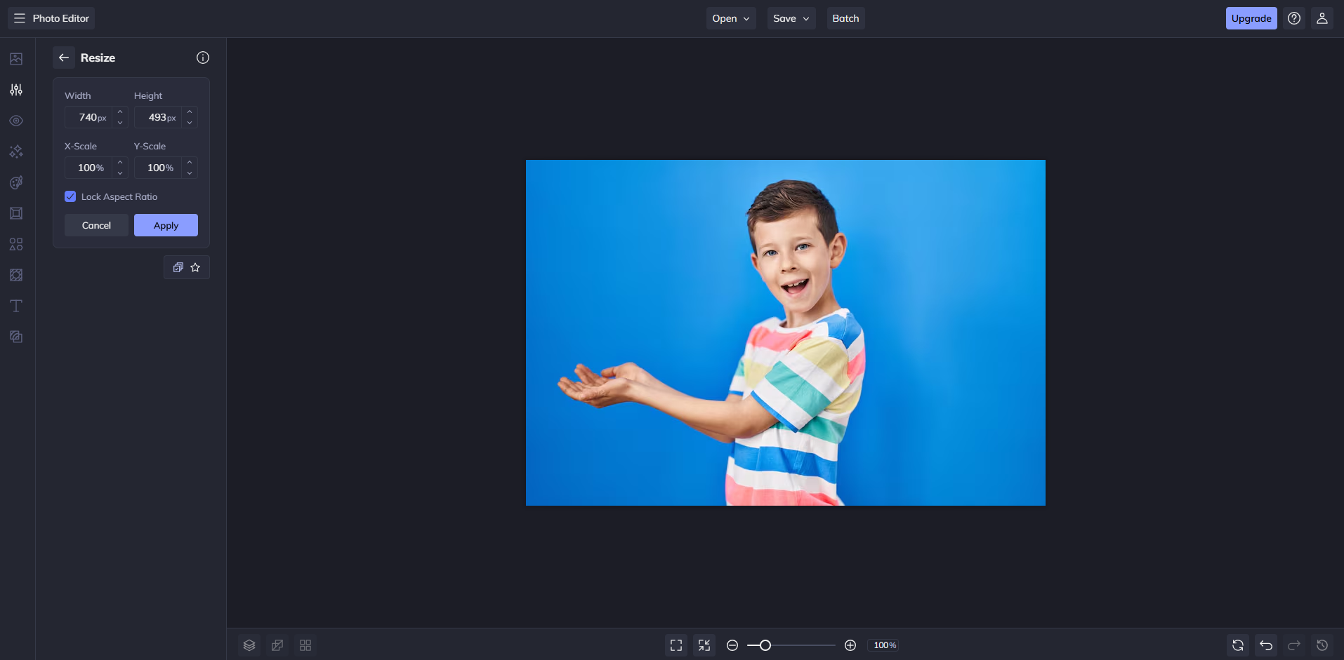 Schnittstelle von BeFunky - ein einfach zu bedienender Editor für Fotogrößen